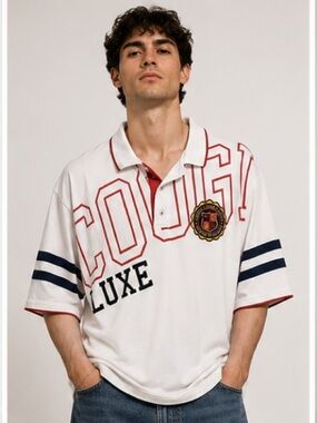 COOGI Luxe White Polo with Red Graphic and Navy Sleeve Stripes 4X